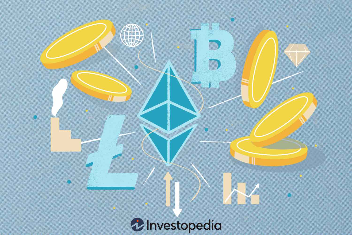 Crypto currency scattered around an image.