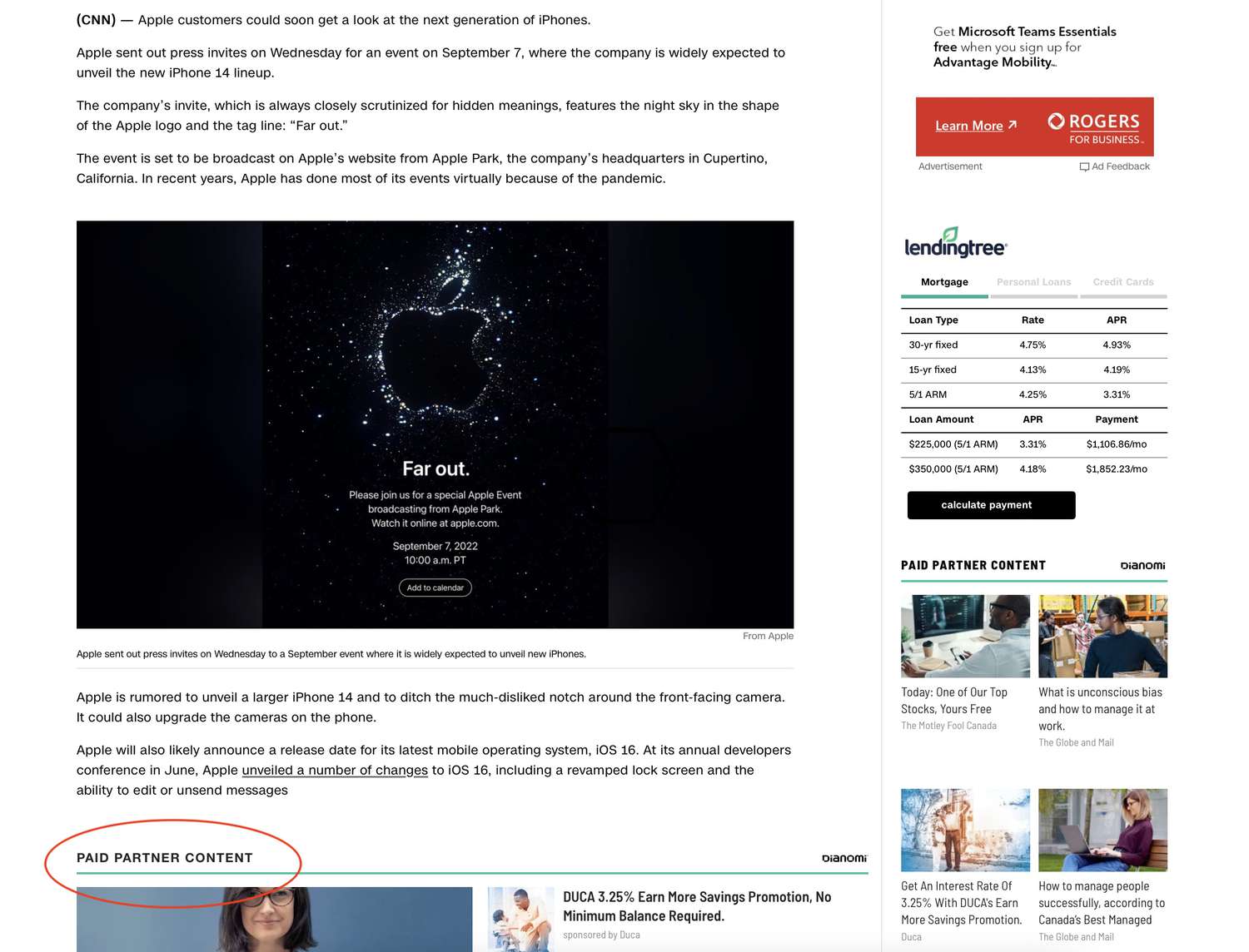 Screenshot of paid partnered content from CNN.com