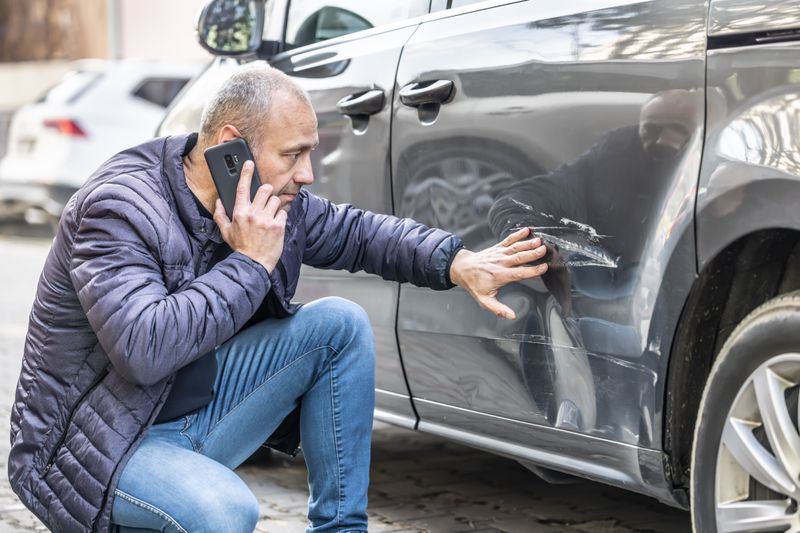 A driver makes a phone call while looking at accident damage on the side of a car