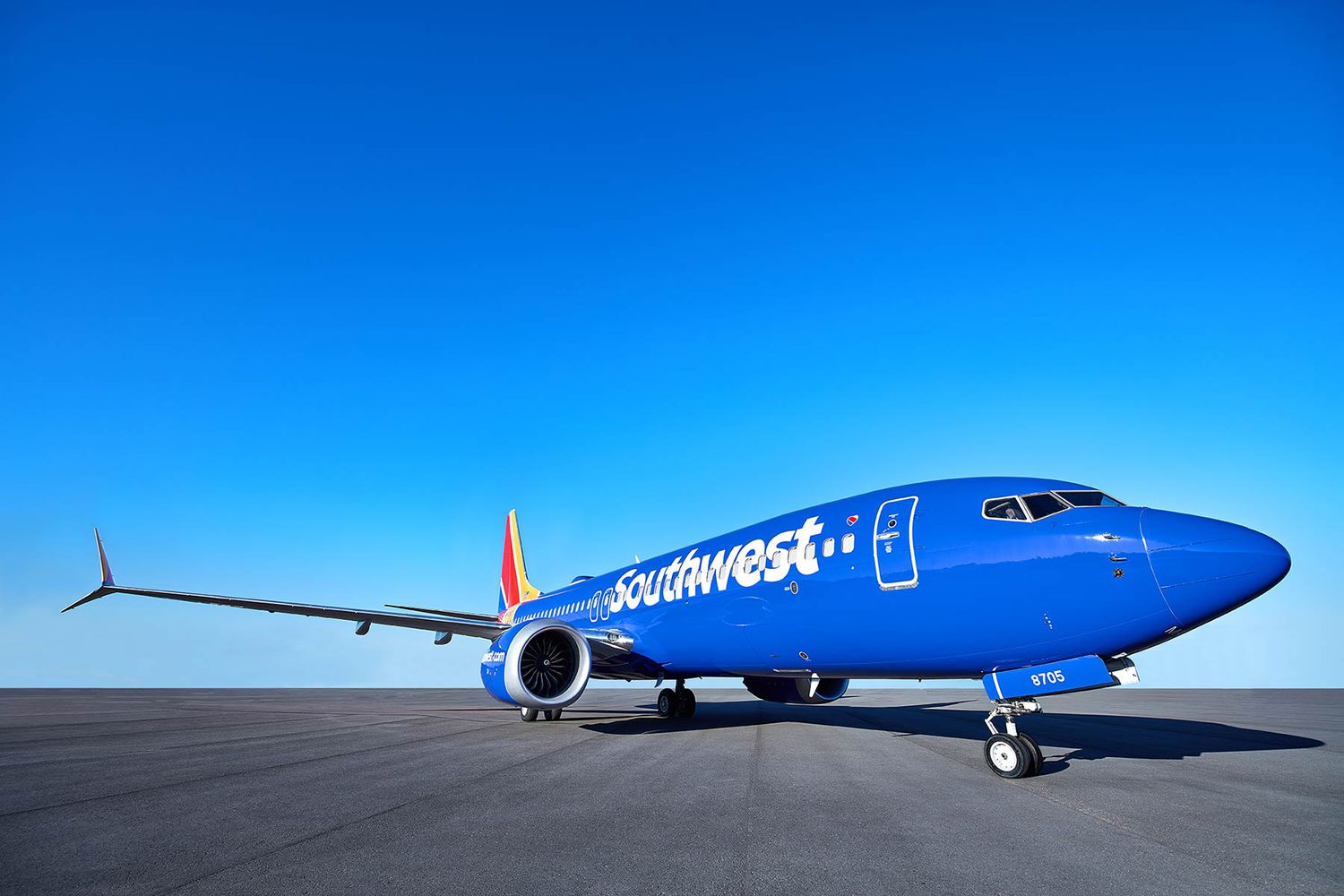 A Southwest Airlines Boeing 737 MAX-8 on a tarmac