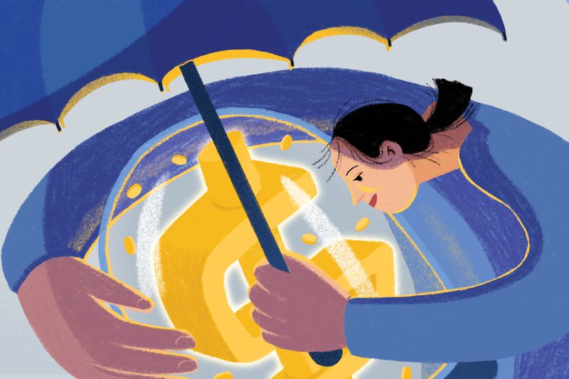 Person with ponytail holds umbrella around their money to symbolize protecting their wealth