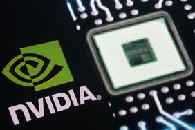 Logo of chipmaker Nvidia and circuit board