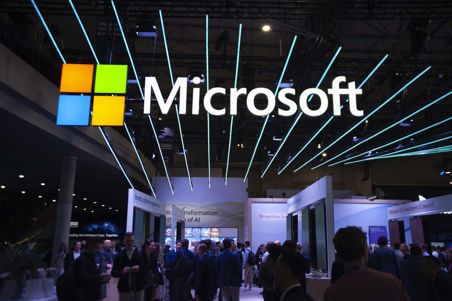 The Microsoft logo is on display at the Mobile World Congress in Barcelona, Spain, on February 26, 2024.