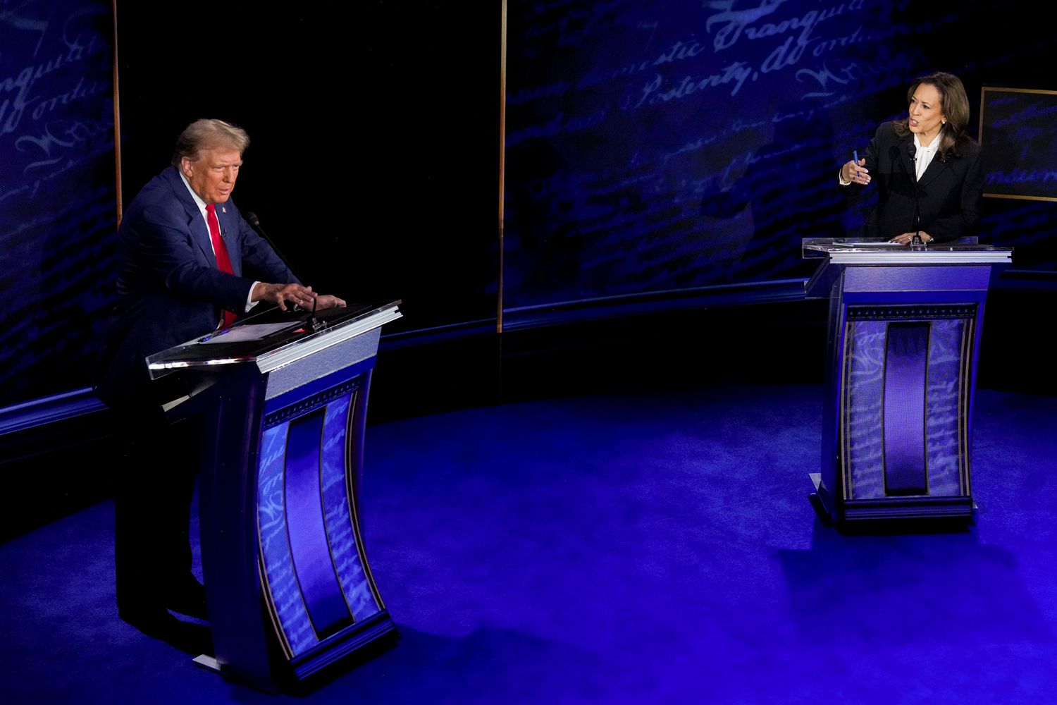 US Vice President Kamala Harris, right, and former US President Donald Trump during the second presidential debate