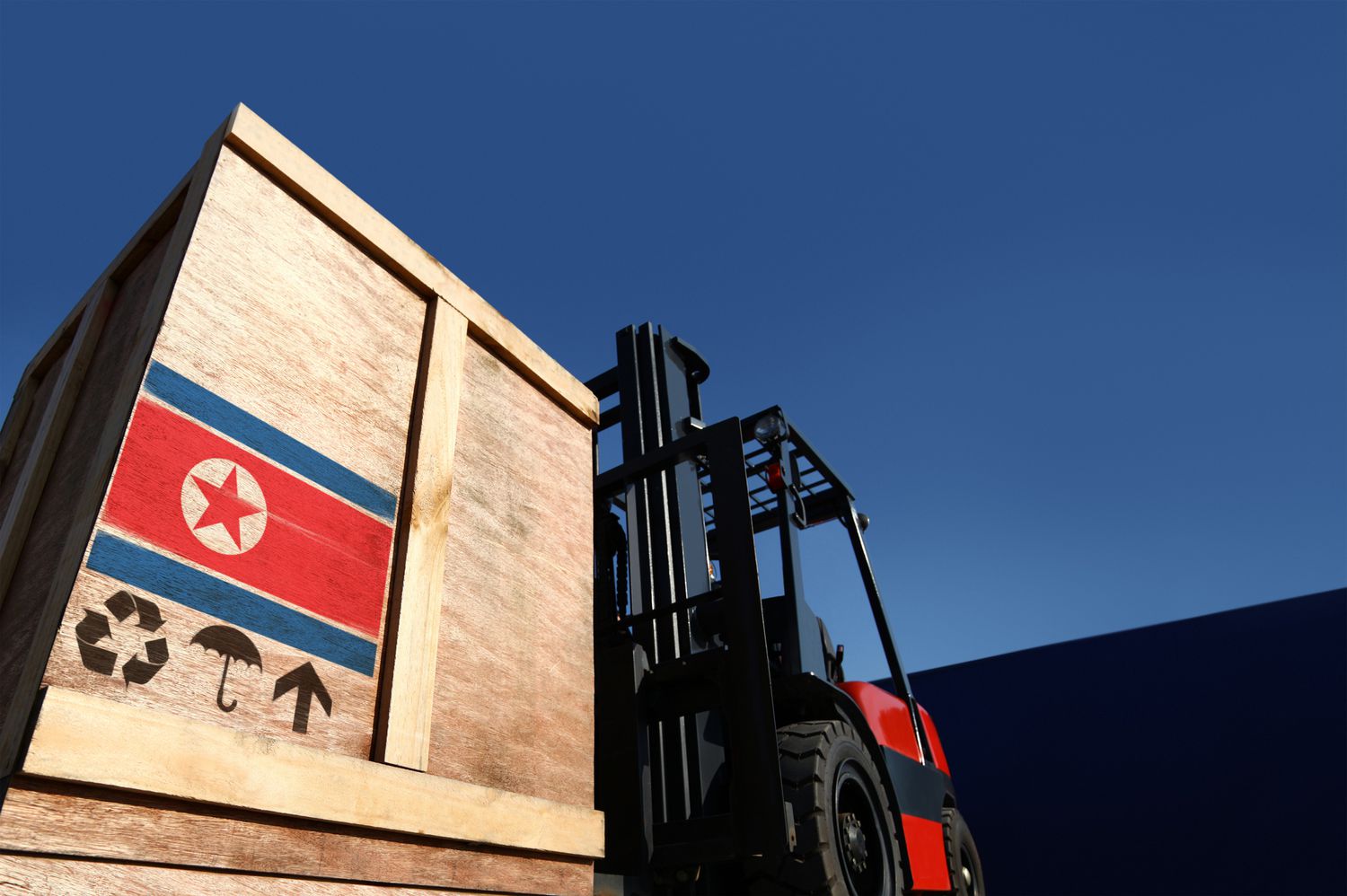 Truck with boxes on pallet and North Korea flag.