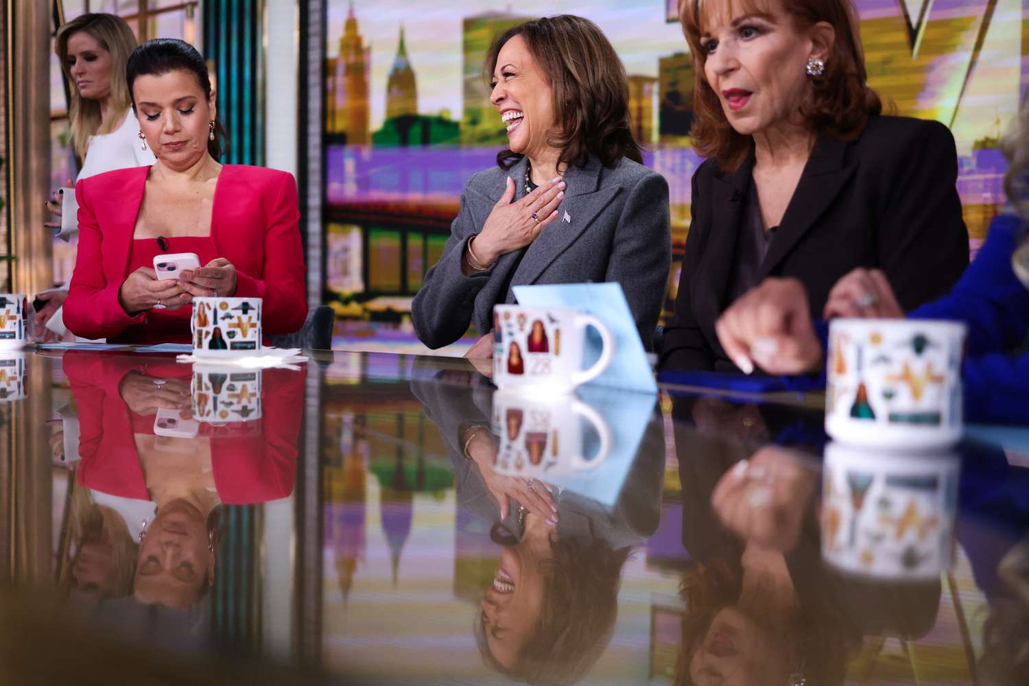 US Vice President and Democratic presidential nominee Kamala Harris is pictured in studio at ABC during a break during the recording of the show "The View" in New York on October 8, 2024.