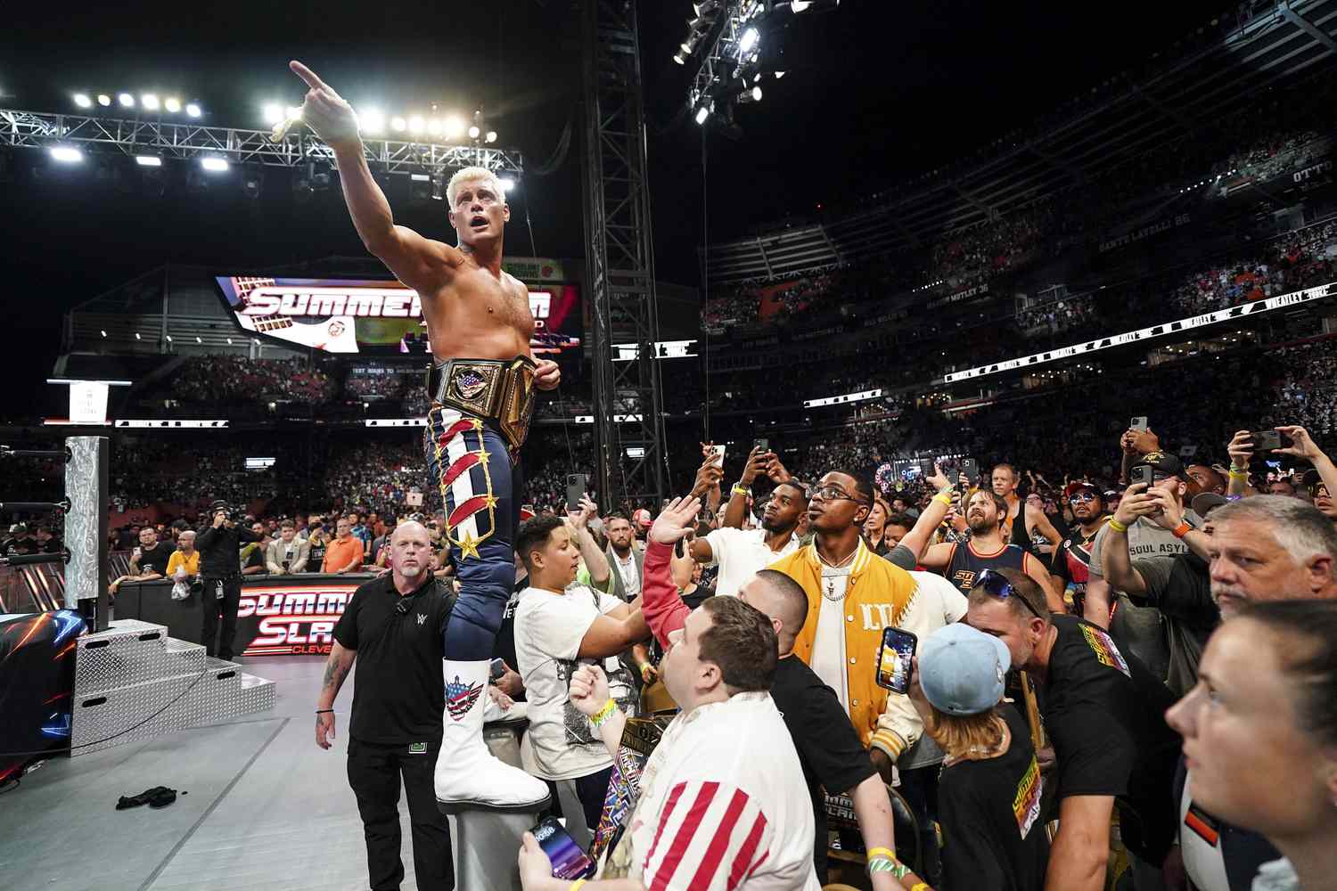 WWE's Cody Rhodes celebrates his win during SummerSlam at Cleveland Browns Stadium on August 3, 2024 in Cleveland, Ohio