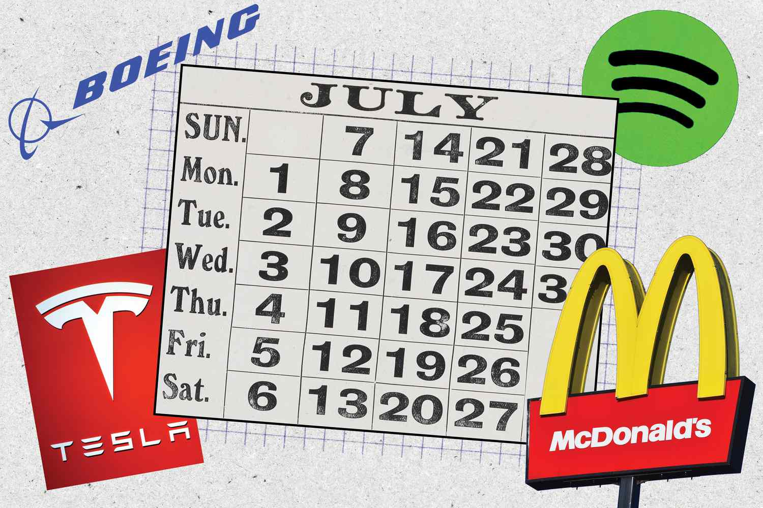 Collage consisting of July calendar surrounded by Boeing, Spotify, Tesla, and McDonald's logos. 
