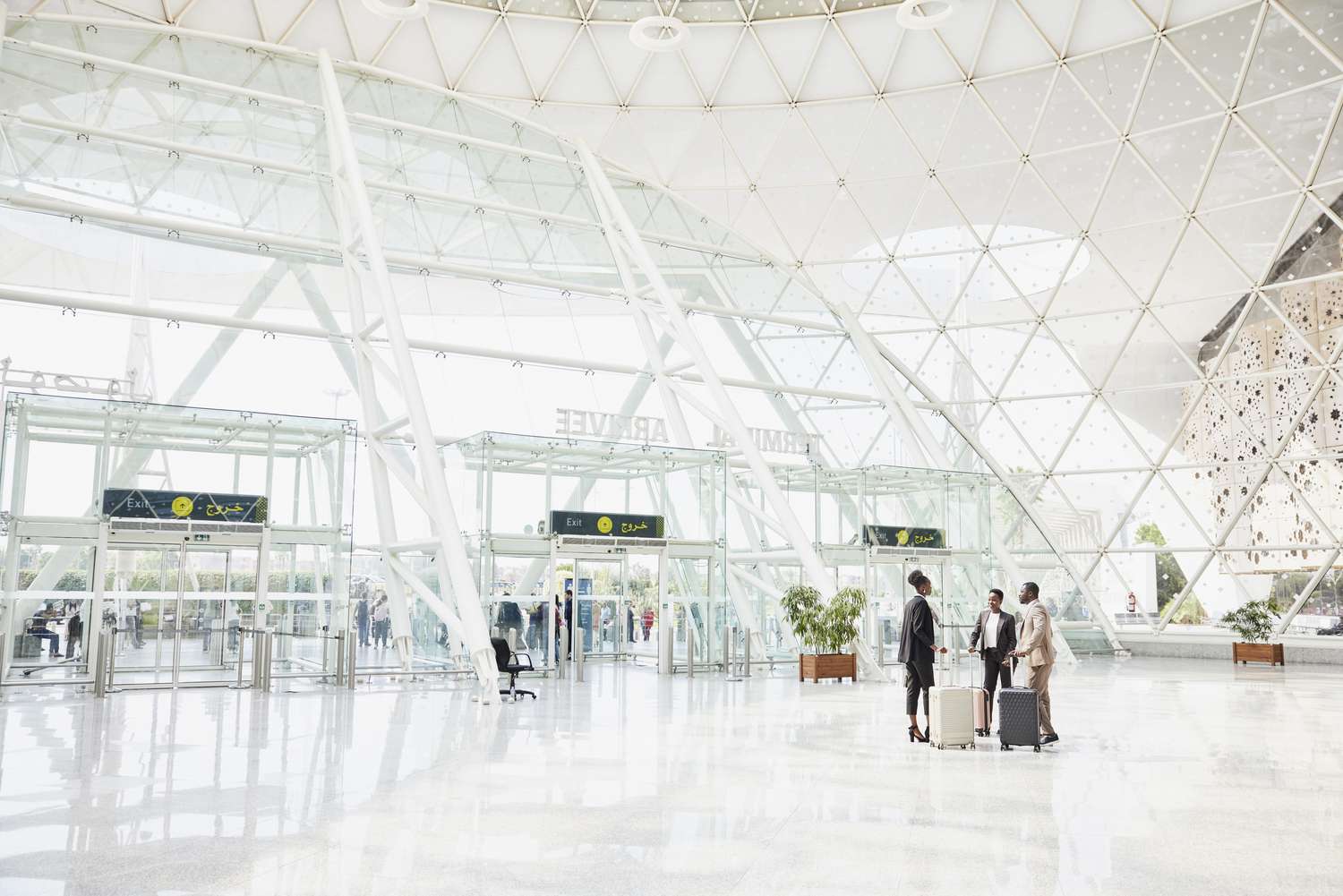 Extreme wide shot of business colleagues in discussion in airport arrivals terminal after flight