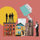 Collage of people, houses, and a calendar depicting how long it takes to buy a home.