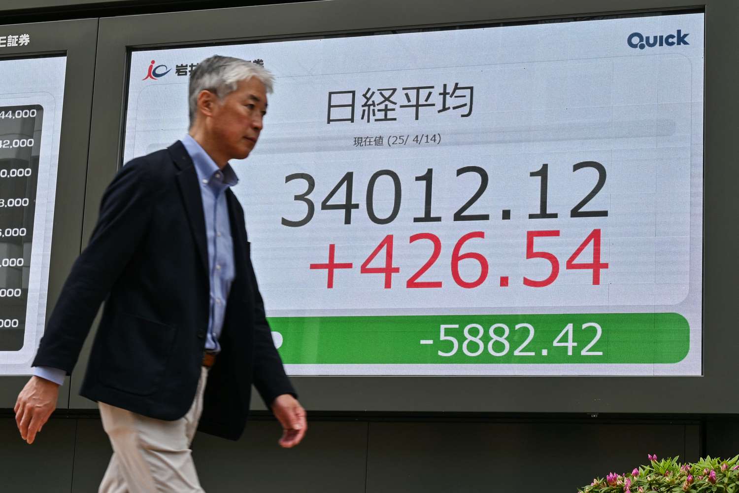 A man walks past an electronic board showing the numbers of morning trading on the Tokyo Stock Exchange.