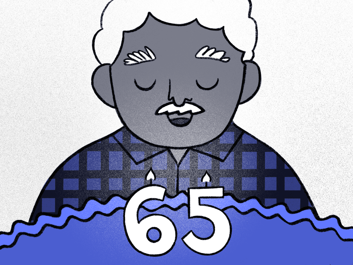 Illustration of a man getting ready to blow out candles on birthday cake. The candles say "65." The picture illustrates the concept of choosing when to retire. 