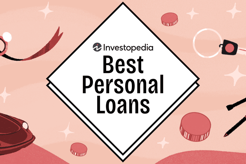 The image features a stylized illustration with the title “Best Personal Loans” by Investopedia in a central diamond-shaped frame. The scene highlights various uses for personal loans, such as a car (depicted with people riding in it), a clipboard with a medical cross symbol, pens, a key, and a telescope being used by a person. The background has a warm peach tone with scattered coins, ribbons, and sparkles, creating a cohesive and inviting financial theme.