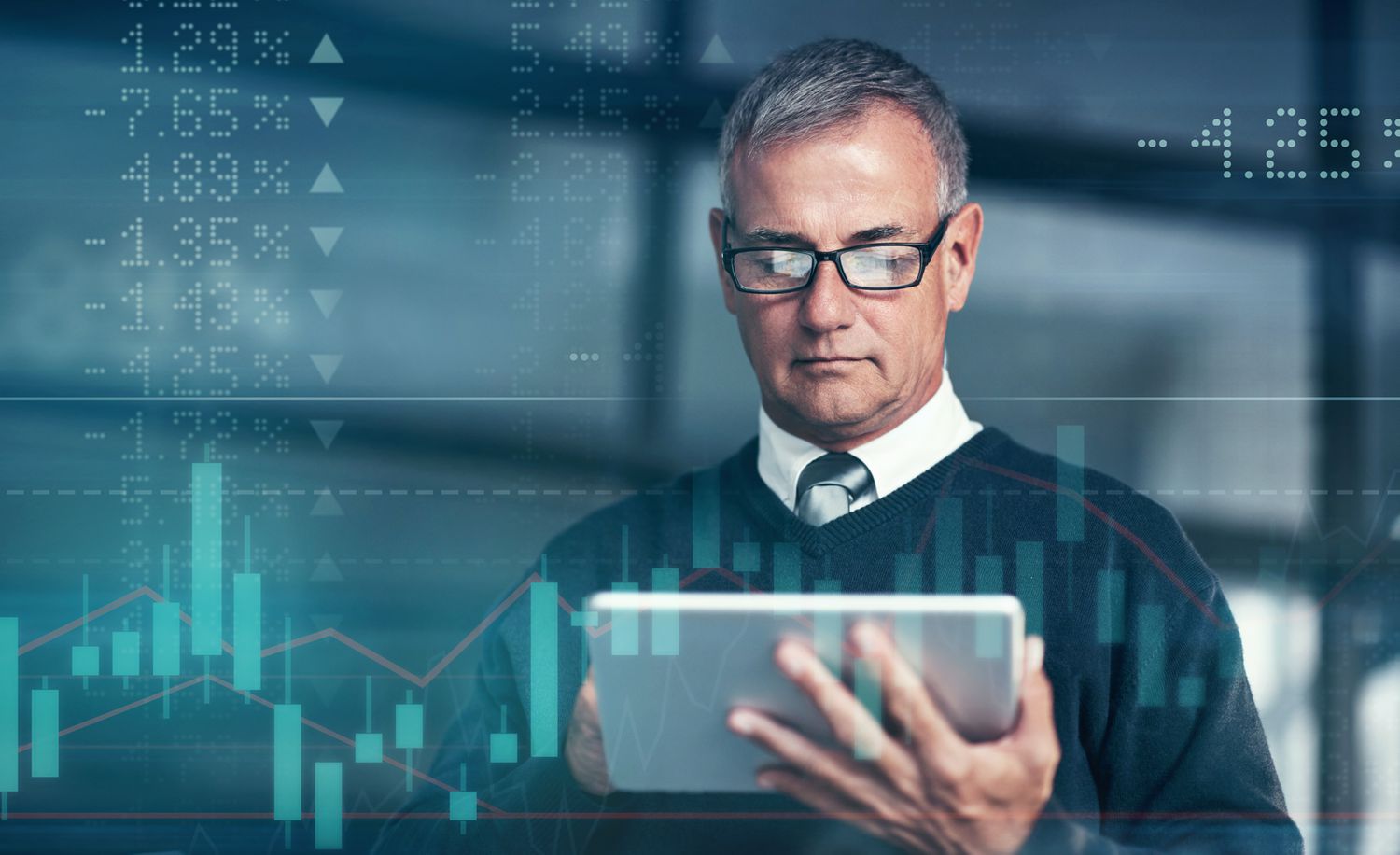 A business person uses a computer pad to search for available derivative contracts to hedge the company's currency exchange rate risk.