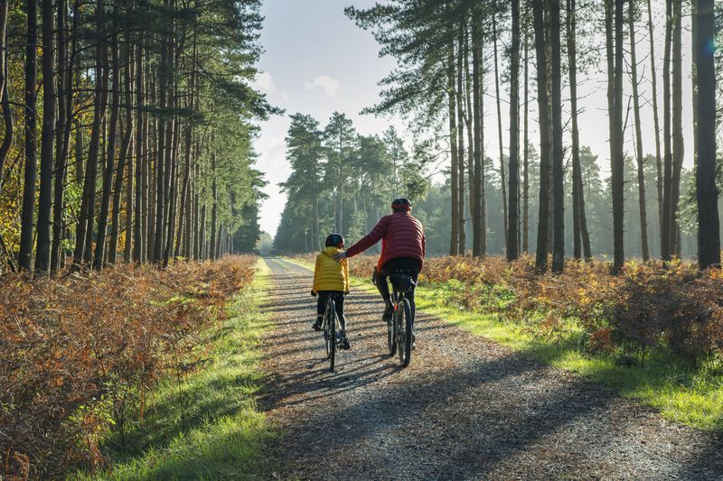 Father and child biking on a scenic trail.