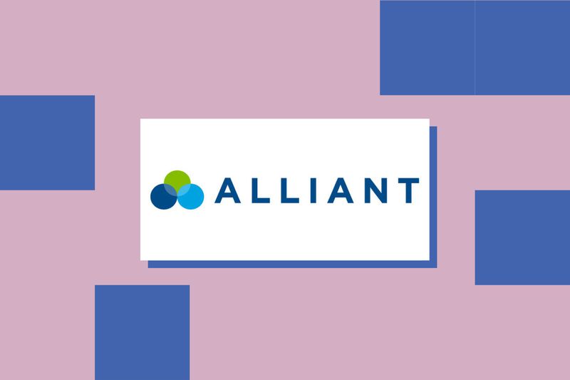 The Alliant Credit Union logo drifts over a field of mauve and navy rectangles.