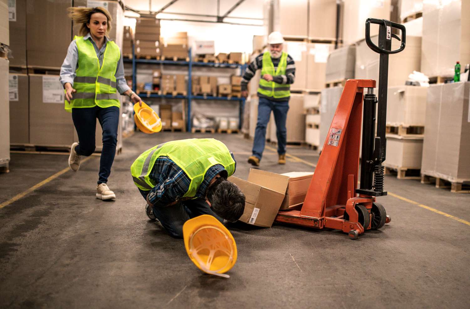 Warehouse workers rush to help a fellow employee who was injured while using a pallet jack in a warehouse.