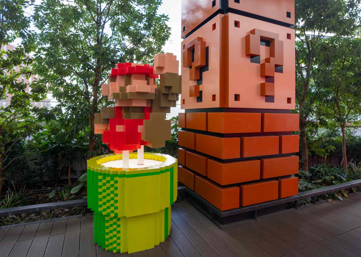 An installation depicting the video-game character Mario outside a Nintendo store in Tokyo. 