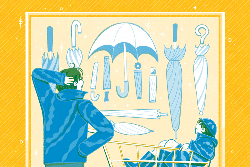 Illustration of a Dad looking at an array of umbrellas for sale. 