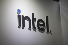The Intel logo at an event in Spain on Feb. 4. 