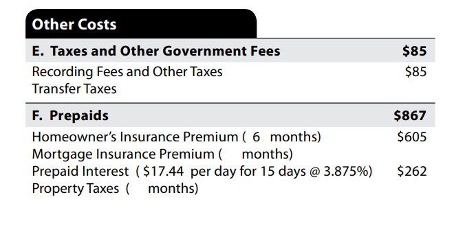 Loan estimate box showing taxes and other government fees and prepaids