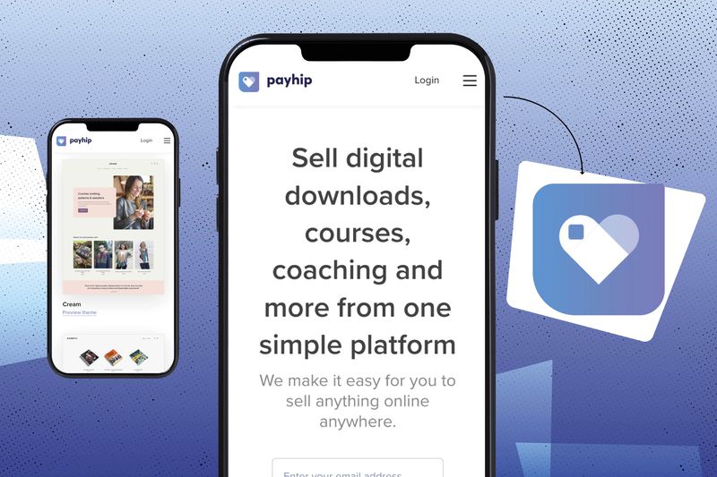 Payhip website being viewed on iPhone with logo and another iPhone showing the system being used