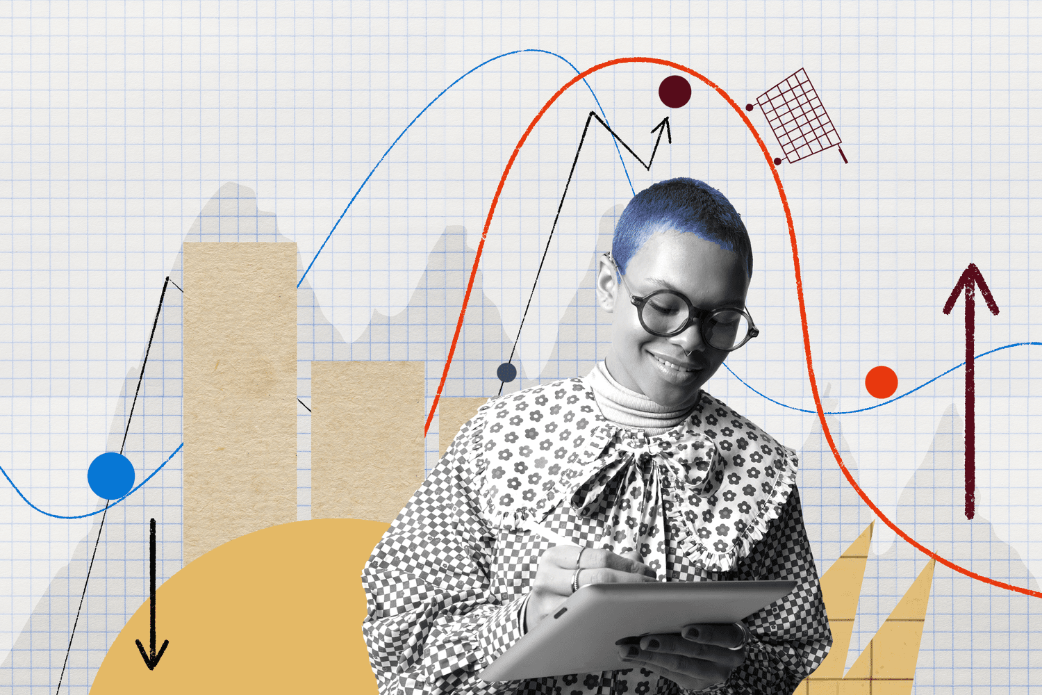 Illustration and photo composite of a person with short hair writing on a tablet with a stylus. 