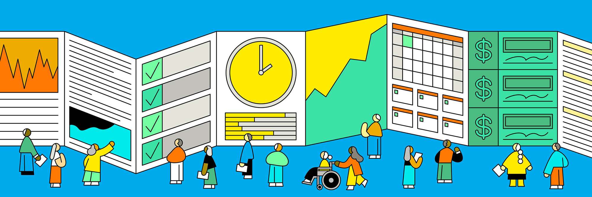 Illustration of people engaging with a giant chart, schedule, and financial planning diagram.