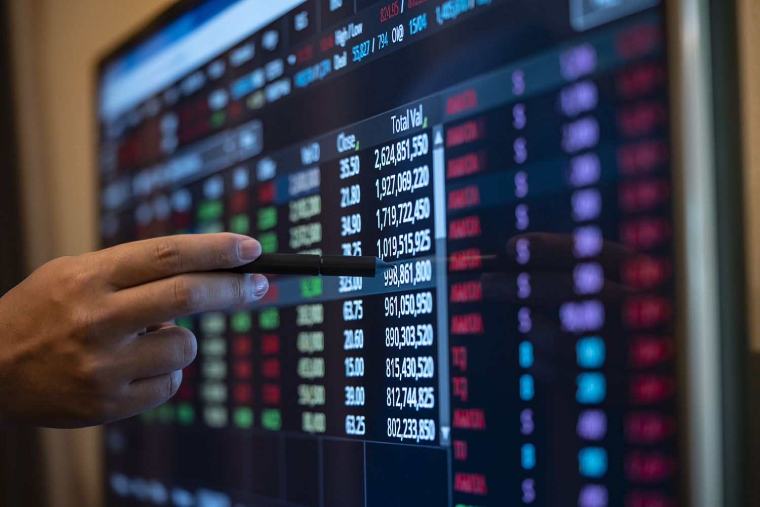 A person's hand pointing with a pen to options ticker information on a computer screen