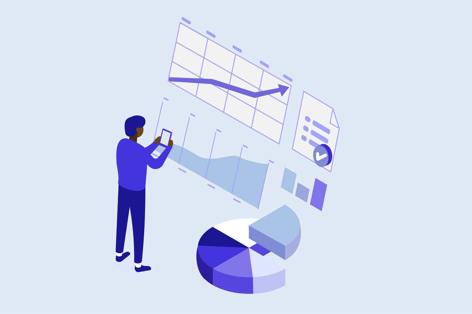 Graphic illustration of person looking at smartphone, with charts in the background.