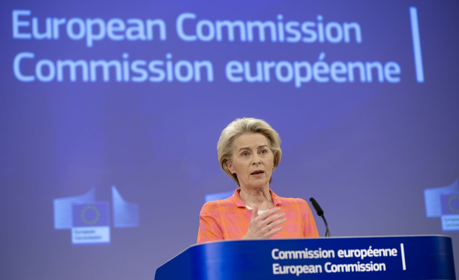 President of the European Commission Ursula von der Leyen talks at a lectern. 