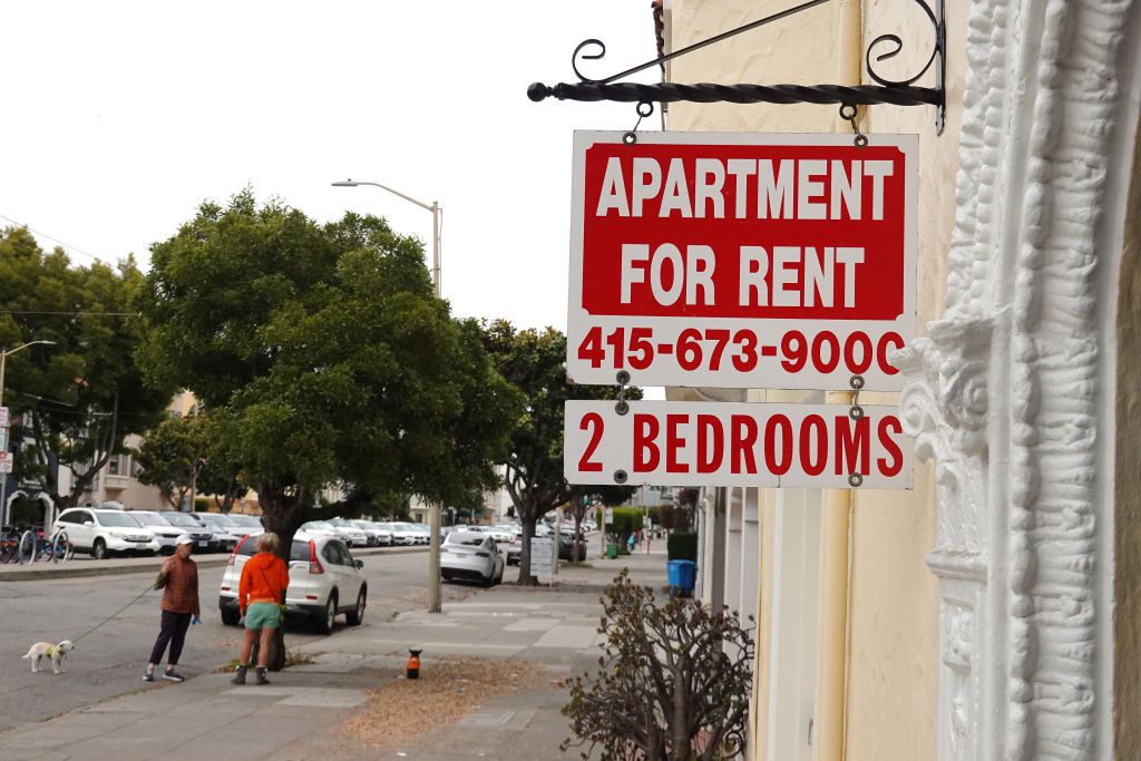 A sign is posted in front of an apartment building with available rentals on June 09, 2023 in San Francisco, California