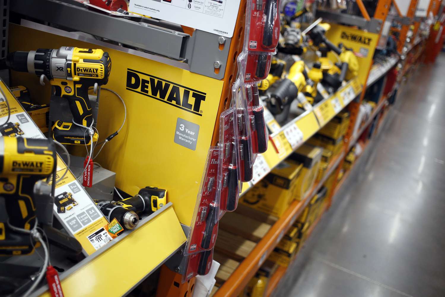 Stanley Black & Decker Inc. DeWalt brand power tools are displayed for sale at a Home Depot Inc. store