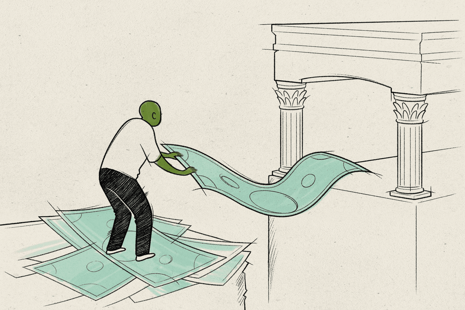 Illustration of a man with a dollar, making a bridge with it.