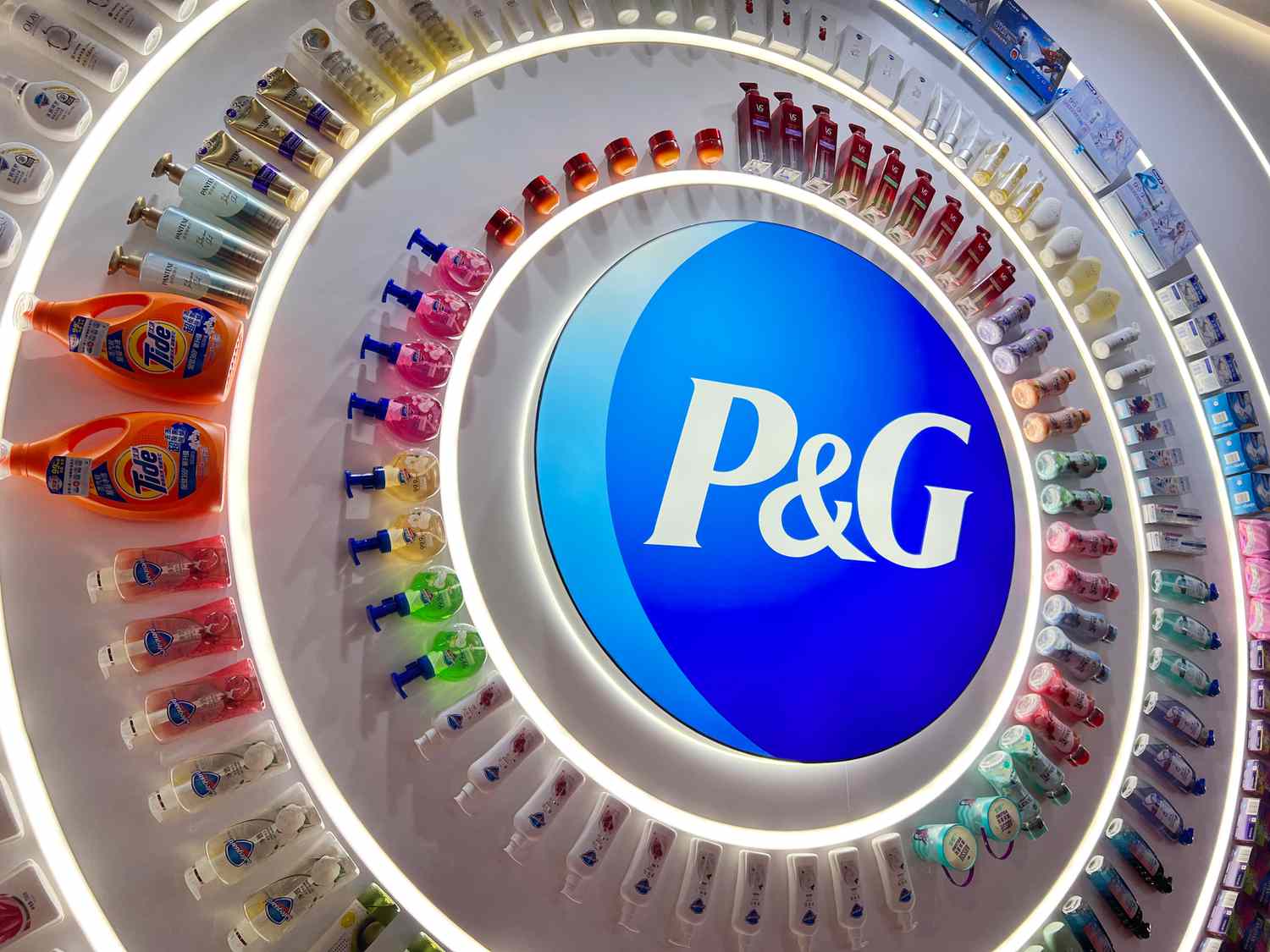 A Procter & Gamble (P&G) logo is seen during the 6th China International Import Expo (CIIE) at the National Exhibition and Convention Center (Shanghai) on November 7, 2023 in Shanghai, China