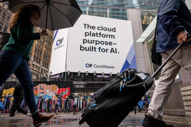 Street view with pedestrians passing under an advertisement for CoreWeave, describing it as an AI-purpose cloud platform