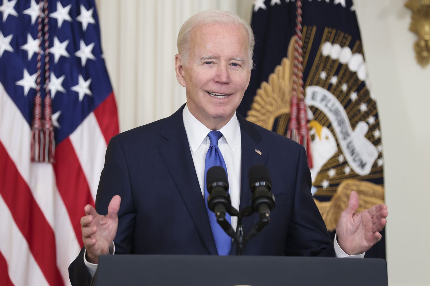 U.S. President Joe Biden delivers remarks on developing infrastructure jobs in the East Room of the White House on November 2, 2022 in Washington, DC. Biden highlighted his administration's efforts to train Americans for jobs in broadband, construction, and manufacturing following the passages of the Infrastructure Law, CHIPS and Science Act, and Inflation Reduction Act.