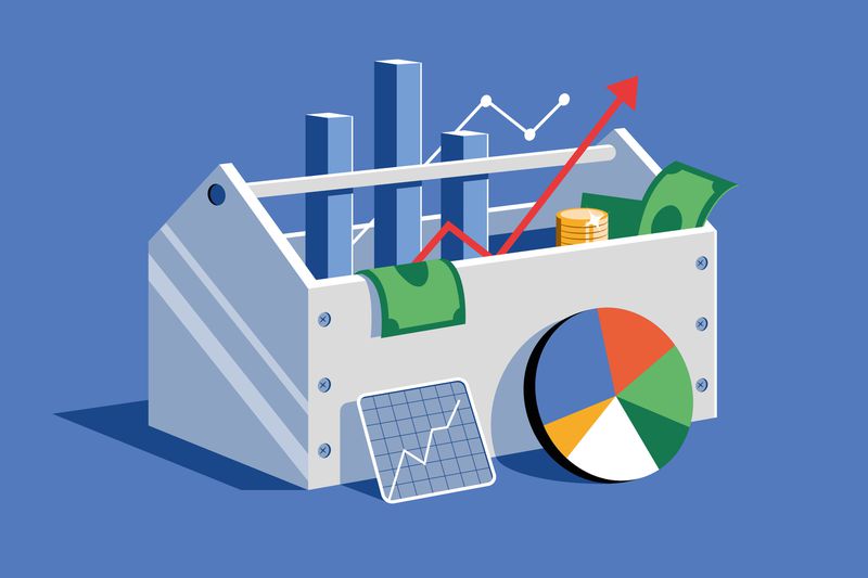 Toolbox containing items representing financial investment concepts, such as graphs, pie chart, and money symbols.
