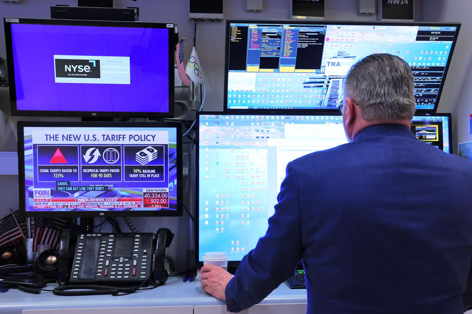 Trader works on the floor of the New York Stock Exchange during morning trading on April 10, 2025 in New York City.