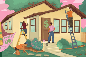 A crew works on renovating a home. The homeowner stands at the front door, which has a dollar sign painted on it.