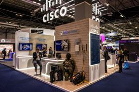 Cisco Systems Inc stand at the FEINDEF defense exhibition in Madrid, Spain, on May 12, 2025