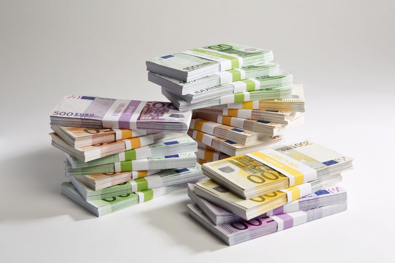 Stacks of large billed Euro banknotes