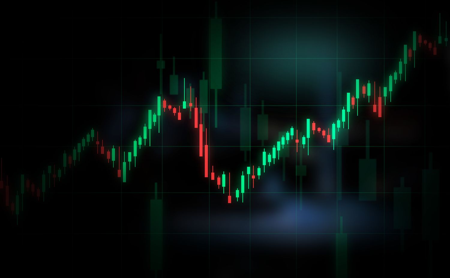 Candlestick chart on a screen showing green uptick and red downtick lines