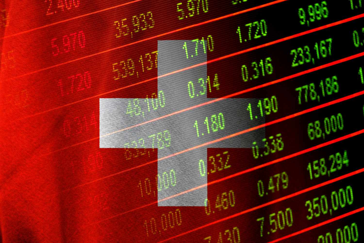 Swiss stock market data on a screen overlaid with the Swiss flag.
