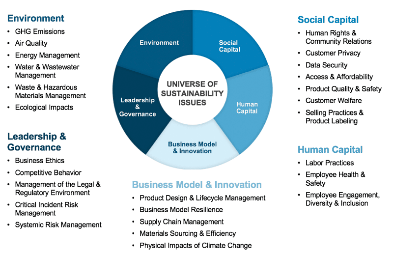 List of SASB’s Universe of Sustainability Issues, broken down into the categories of environment, leadership and governance, business model and innovation, social capital, and human capital