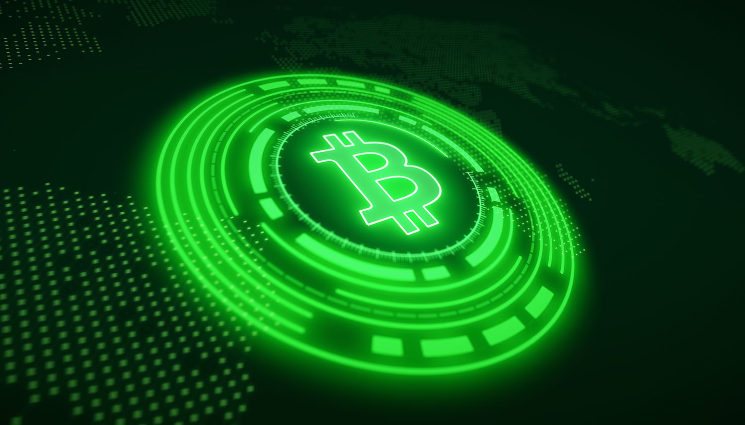 An illustration of a bitcoin logo in green on a dark background. 