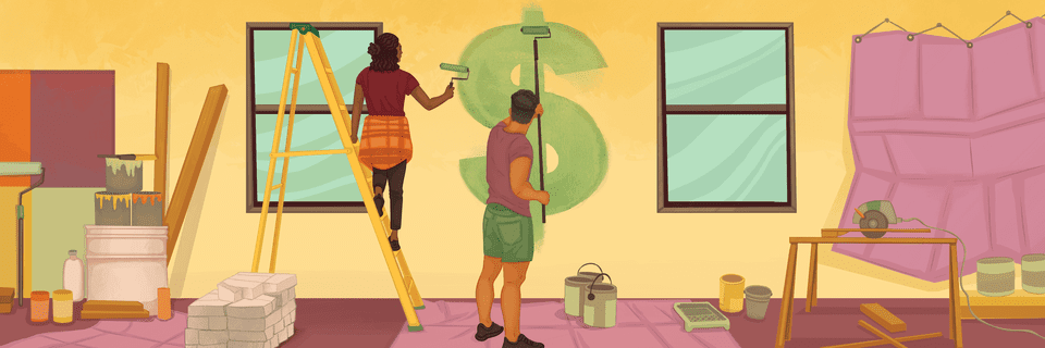 A couple paint a large green dollar sign on their home’s interior. 