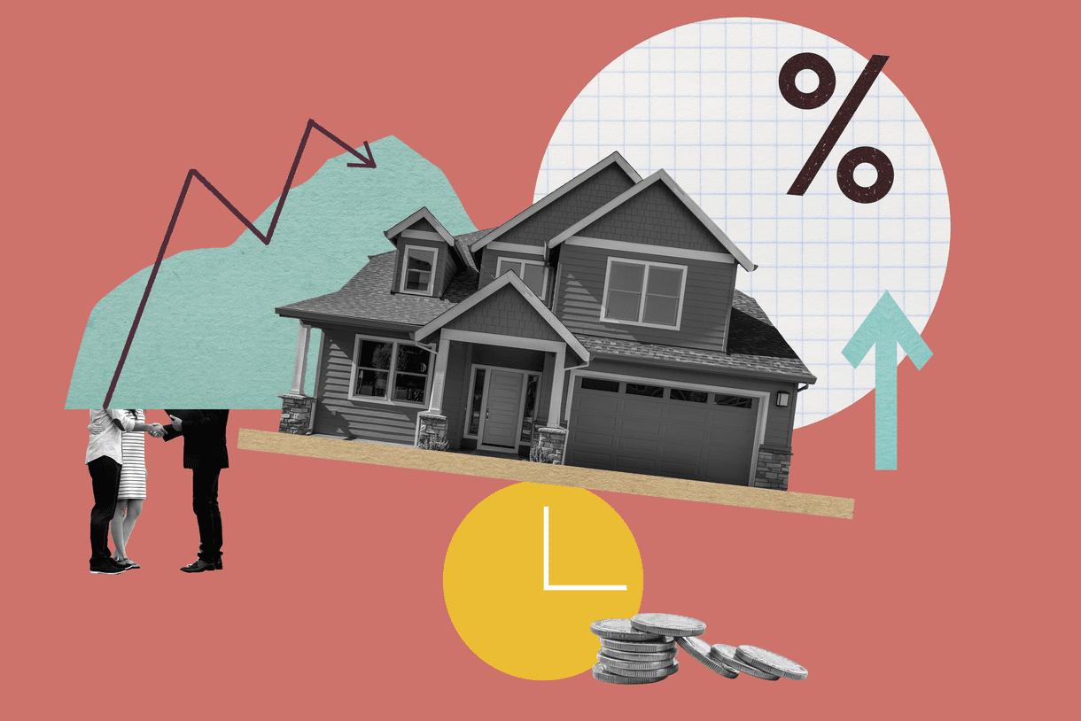 Collage of a house, upwards arrow, and people. 