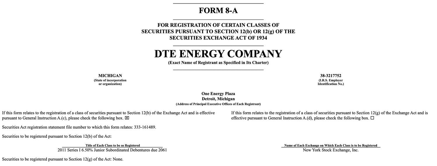 DTE ENERGY COMPANY Form 8-A