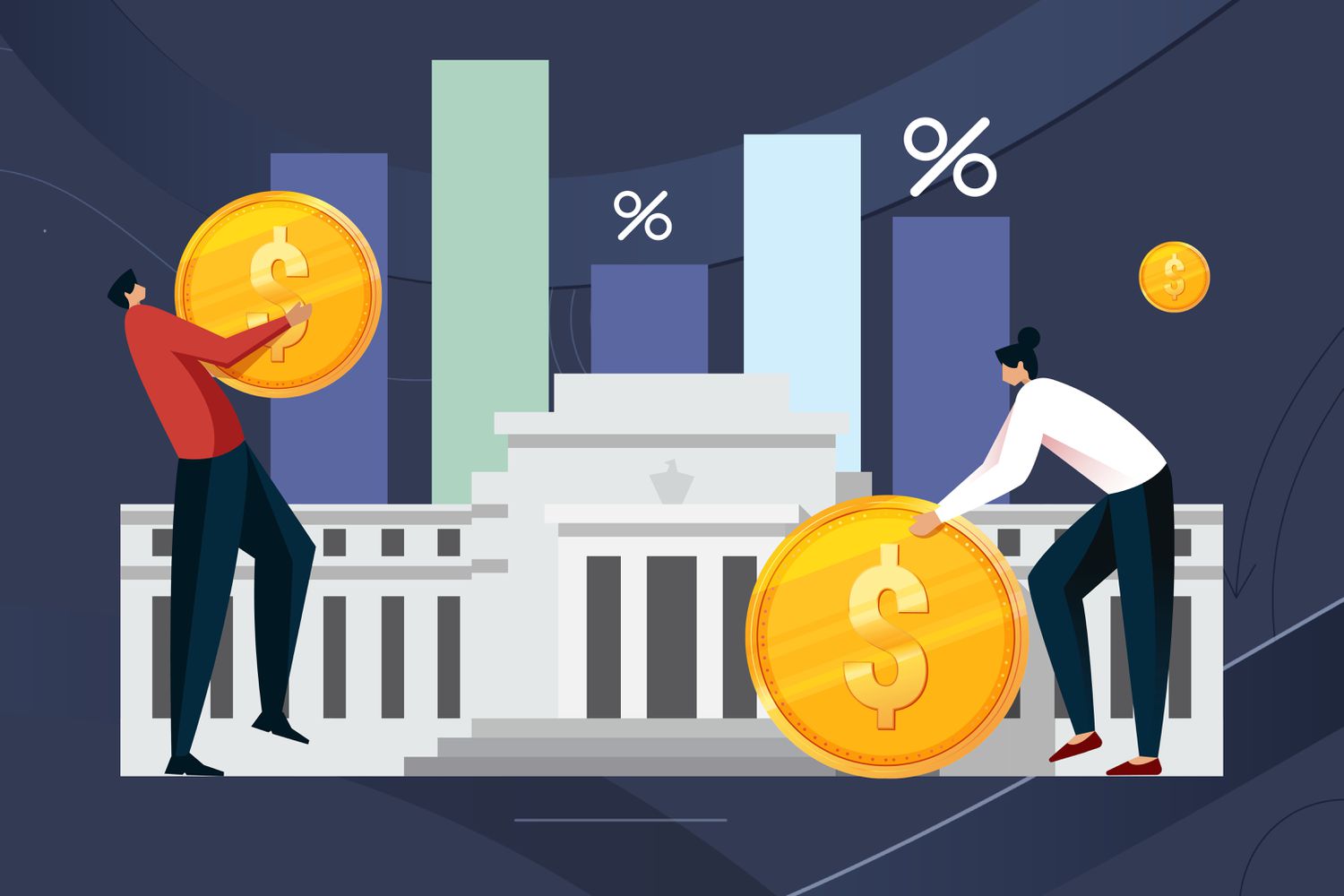 Custom illustration shows a white federal looking building with five blue and green vertical bars standing behind it. There are two percent signs, two people, and two large gold coins with dollar signs on them.